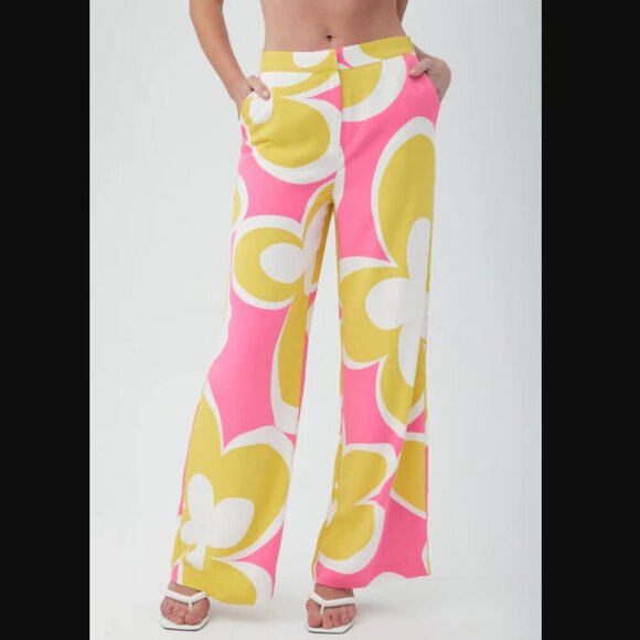 Trina Turk Verity Bright Pink & Yellow Retro Floral Wide Leg Pants 0 - Picture 5 of 8